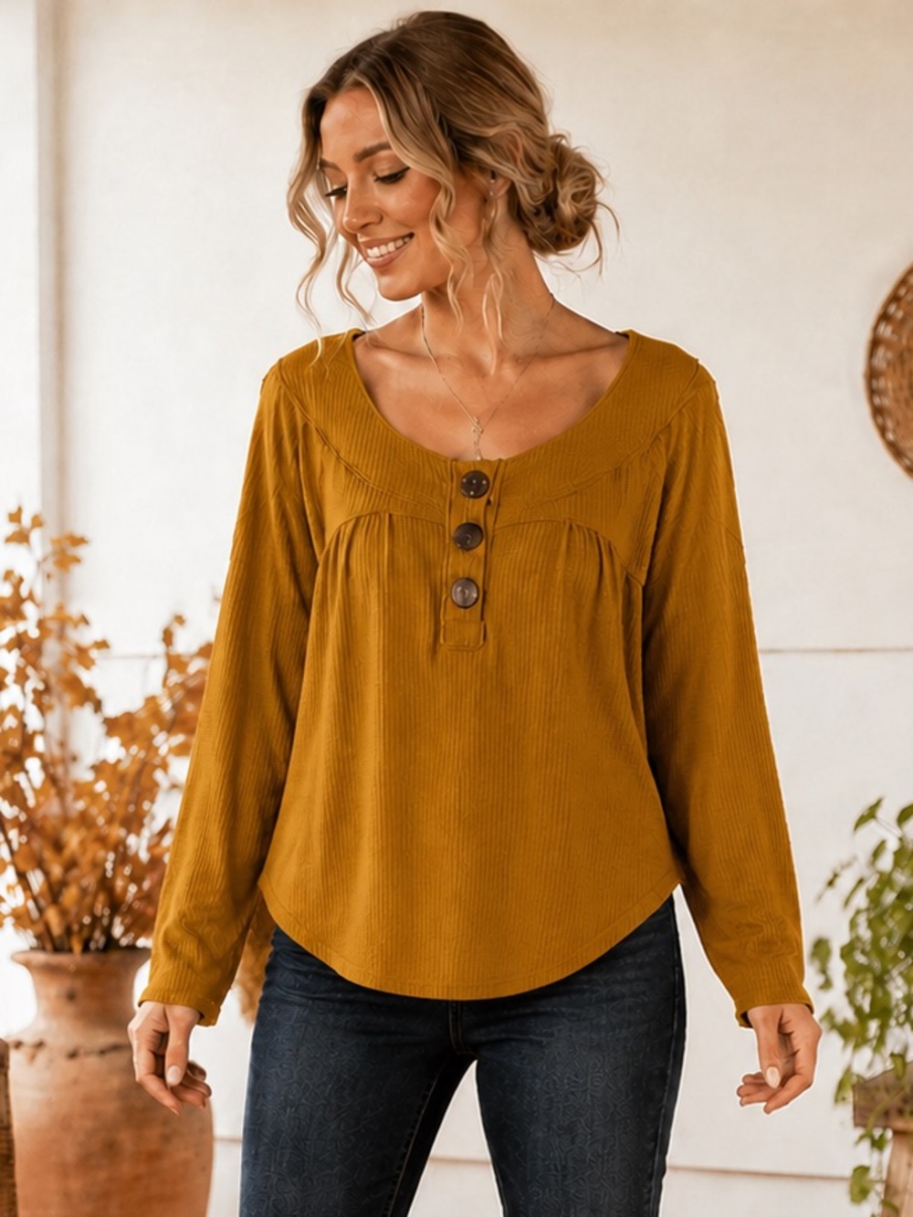 We The Free Mustard Long-Sleeve Button Henley Blouse Size Medium